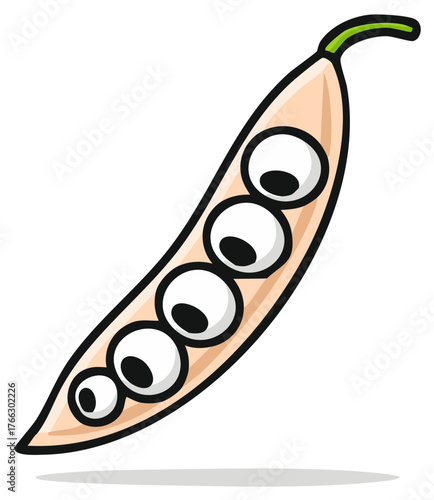 Cartoon pea pod with wide eyed peas looking curious and playful
