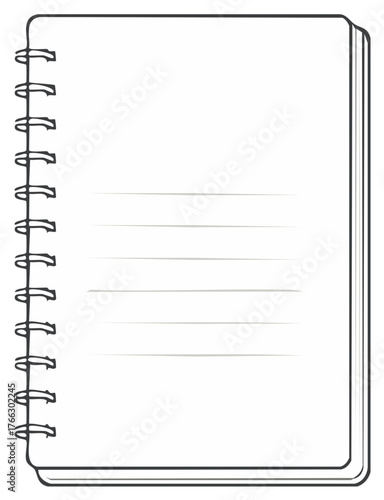 Illustration of an open notebook with ring binding, white lined paper, writing and drawing materials templates