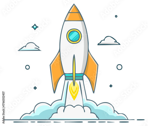 Cartoon rocket ship launching with bright flames and clouds against a white background