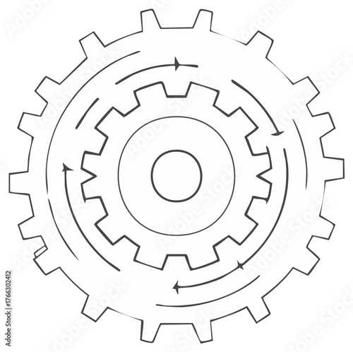 Conceptual line drawing of interlocking gears showing rotational movement and synergy