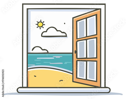Open window view of a sunny beach with ocean waves and bright blue sky vacation illustration