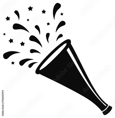 Festive party popper icon with exploding confetti and stars for celebrations and events