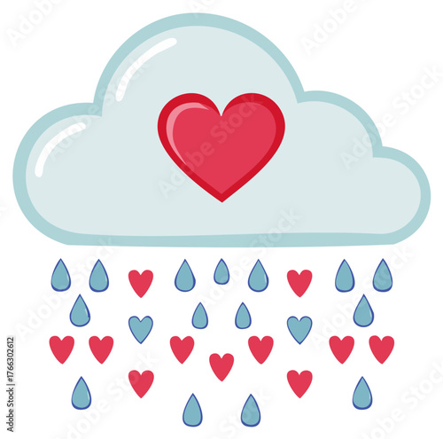 Stylized cloud with heart and raindrops representing love and sadness concept