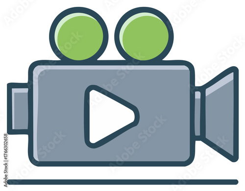 Cartoon style video camera illustration. Play button, film, movie icon.