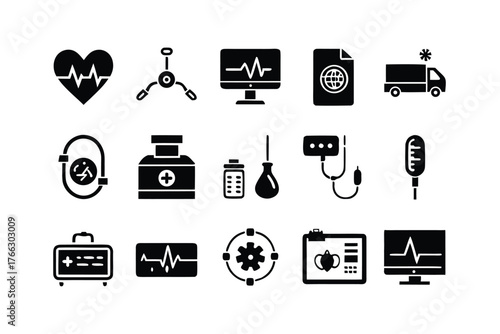 Medical Icons Set With Heartbeat Monitor Computer And First Aid Kit On White Keywords: medical icon, health, healthcare, science, hospital, clinic
