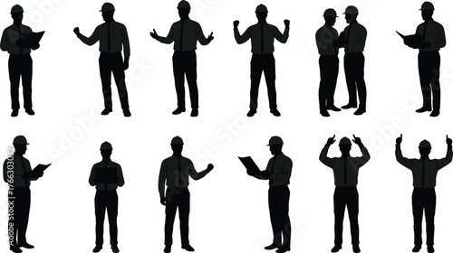 Construction engineer silhouette vector set with hard hats, professionals in formal attire performing site planning, inspection, teamwork, and safety tasks