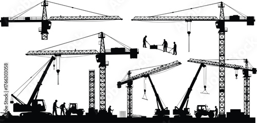 Construction site silhouettes with tower cranes, mobile cranes, workers, and heavy machinery, black vector illustration for building, industry, and stock content.