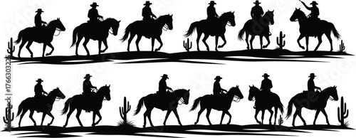 Cowboy Silhouette Vector Set of Horse Riders in Desert Scene with Cactus, Western Culture Motion Illustration for Stock Content Use
