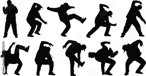 Dance and martial arts silhouette vector set with expressive motion poses, energetic body movement, and freestyle action for design use