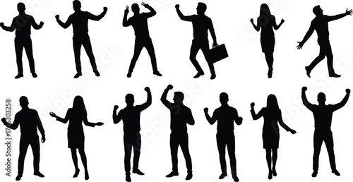 Expressive human silhouette vector set with dynamic poses, emotional gestures for communication, celebration, business, confidence, and professional interaction themes