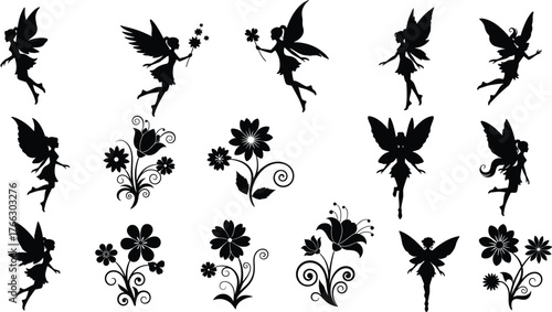 Fairy Silhouette Vector Set with Magical Winged Figures and Decorative Floral Elements for Fantasy, Scrapbooking, and Stock Illustration Use