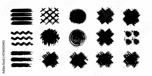 Collection of black ink brush strokes and splatters on white background