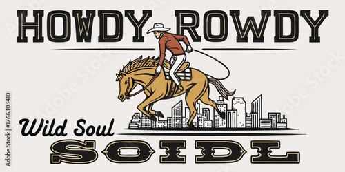 Retro style cowboy riding horse through city skyline with howdy rowdy and wild soul text