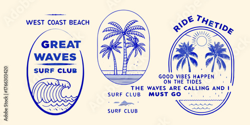 Collection of vintage style blue line art surf club emblems with palm trees and ocean waves