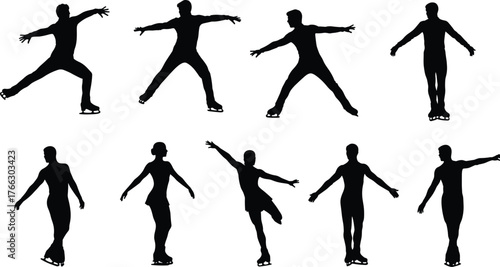 Figure skating silhouette vector set with dynamic poses, ice skaters performing graceful movements for winter sports, dance, fitness, and performance themes