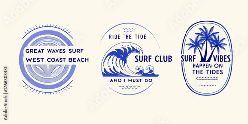 Collection of three vintage style surf club emblems with ocean waves palm trees and inspirational text