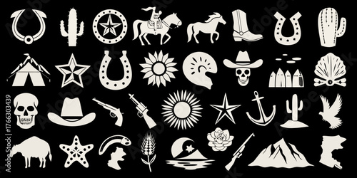 Collection of western and wild west icons and symbols on a black background