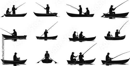 Fishing boat silhouettes with people casting rods, reeling lines, water reflections, recreational activity scenes, black vector illustration for stock.