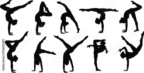 Gymnast silhouette set showing dynamic acrobatic poses, flexibility, strength, balance, handstands, splits, backbends, fitness movement illustration vector