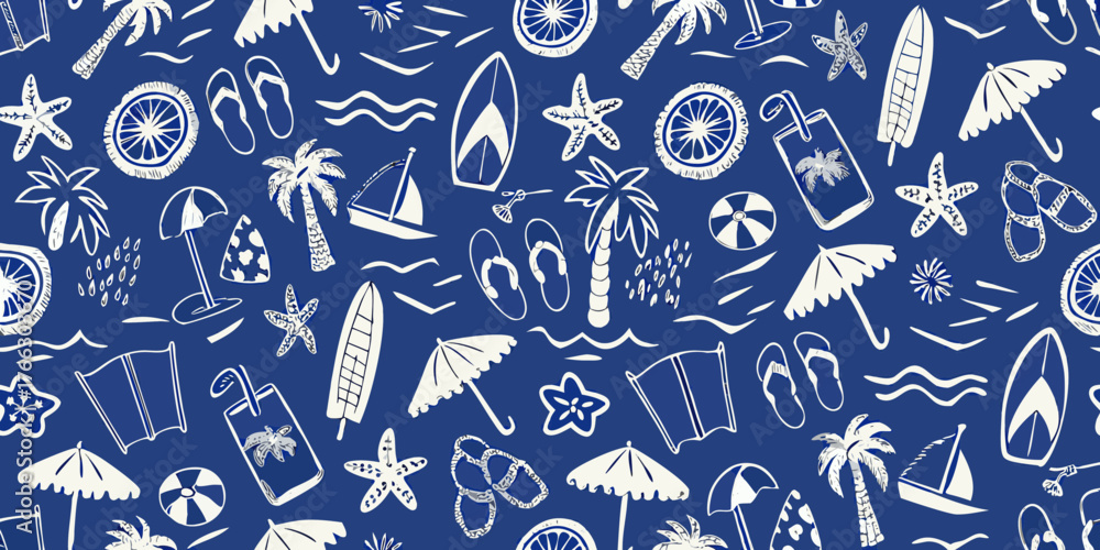 Naklejka premium Whimsical hand drawn summer vacation pattern with beach elements on a blue background