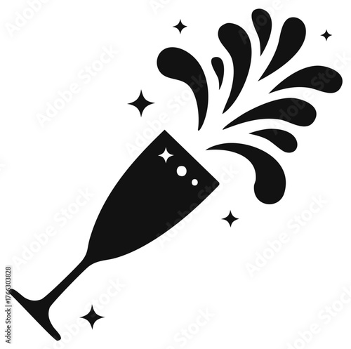 Elegant black and white vector illustration of a champagne flute with sparkling liquid spilling and surrounding stars, celebrating a special event.