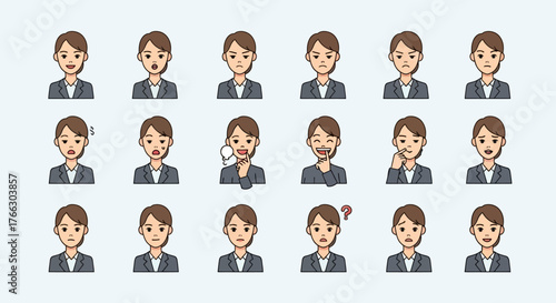 Collection of cartoon business woman face expressions.
