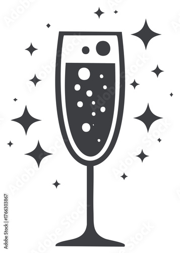 A tall champagne flute filled with bubbling beverage surrounded by sparkling stars