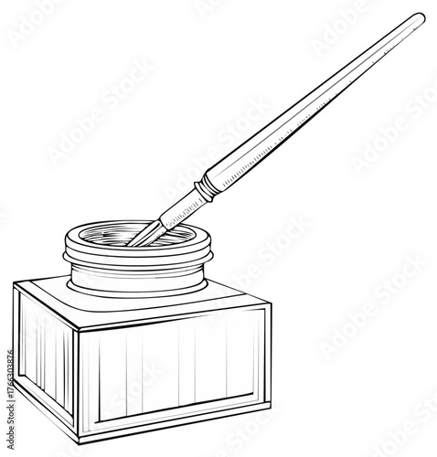Traditional inkwell and quill pen drawing, classic writing instrument illustration