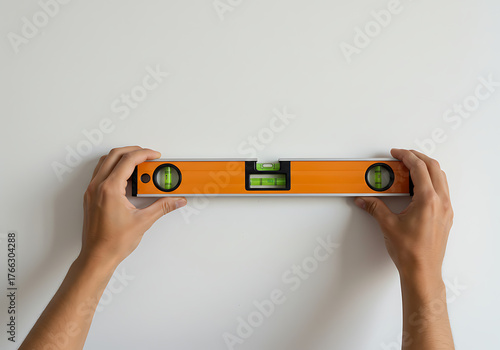 A person using a level on the wall