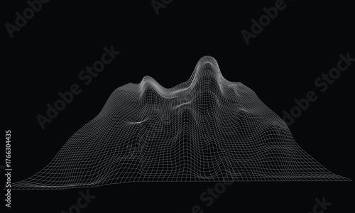 Wireframe of abstract mountain landscape in perspective. Black background with white glowing grid. Technology, data, and topography concept. vector eps10