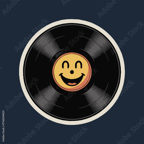 A cartoon record with a smiling face in the center against a dark blue background design element