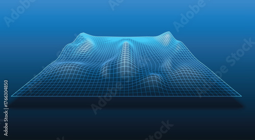 3D wireframe mesh on a glowing blue background with shadow. Digital terrain visualization for technology, big data, and mapping concepts. vector eps10