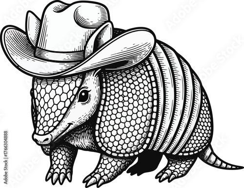 Cute armadillo in a cowboy hat Beautiful vintage engraving vector illustration Black outline
