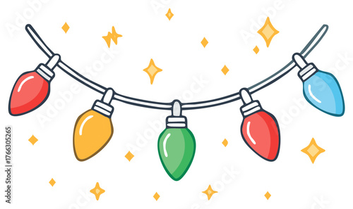 Vibrant cartoon light string with red, yellow, green, and blue bulbs and star decorations