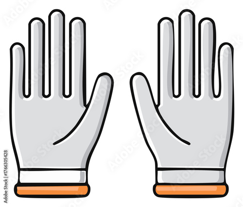 Illustration of matching gloves, white with orange trim, for hygiene or protection. Cleanliness handwear for use in gardening or sanitation.