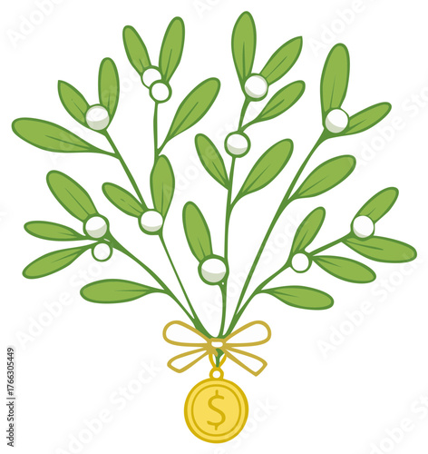 Cartoon Mistletoe Bunch with Leaves, Berries and Dollar Sign Coin Hanging from Bow
