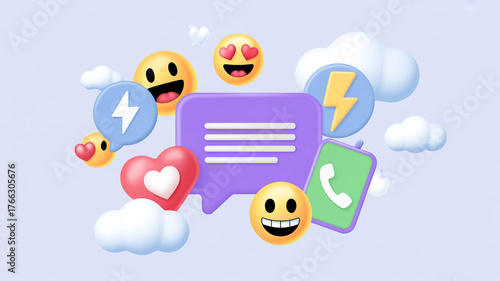 3 D social media icons with emojis and clouds communication