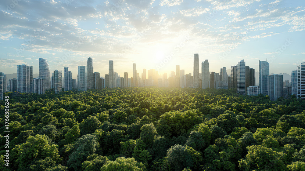Fototapeta premium Vibrant city skyline merges seamlessly with lush greenery, showcasing harmonious balance between
