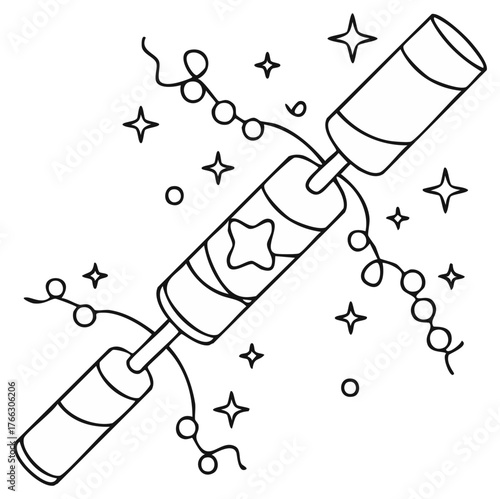 Festive Party Cracker Line Art with Sparkling Stars and Confetti Streamers