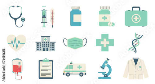Medical icons set: stethoscope, syringe, thermometer, pills, first aid kit, heart, hospital, mask, cross, DNA, blood bag, clipboard, ambulance, microscope, lab coat.