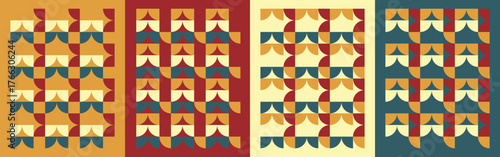 Modern geometric seamless pattern in warm retro colors. Abstract minimal shapes creating vintage symmetry. Perfect for textile, wallpaper, branding, and digital art. EPS vector file