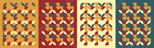 Modern geometric seamless pattern in warm retro colors. Abstract minimal shapes creating vintage symmetry. Perfect for textile, wallpaper, branding, and digital art. EPS vector file
