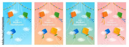 Makar Sankranti festive posters set with colorful kites flying in sunny sky. Indian festival celebration for greeting cards, banners and cultural design template. Vector illustration