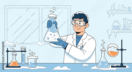 Scientist in lab coat holding a flask with a bubbling substance and snowflakes inside it in a laboratory editable and scalable