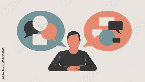 Abstract Illustration of Person Thinking with Colorful Speech Bubbles Above, Sitting at Table