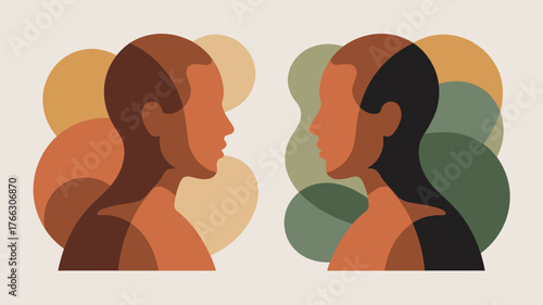 Abstract Illustration of Two Female Faces Profile View, Earth Tone Colors and Simple Composition
