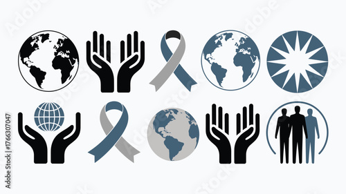 Assorted Icons World Globe, Hands, Awareness Ribbon, Star, and People Symbol Elements