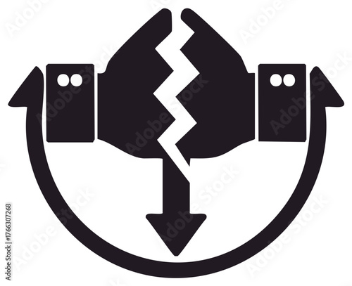 Icon of hands pulling apart with a jagged break and opposing arrows symbolizing conflict separation