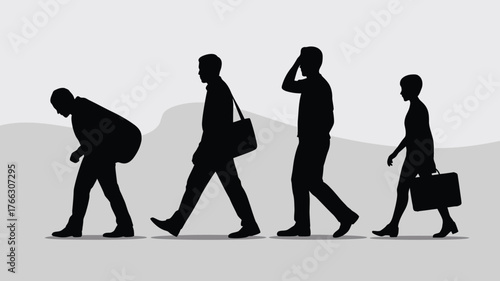 Black Silhouettes of People Walking, Carrying Bags and Briefcases, Representing Different Phases of Work Life