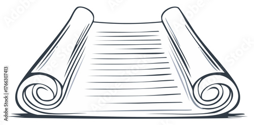 Drawn scroll with horizontal lines, open parchment unrolled with curled ends